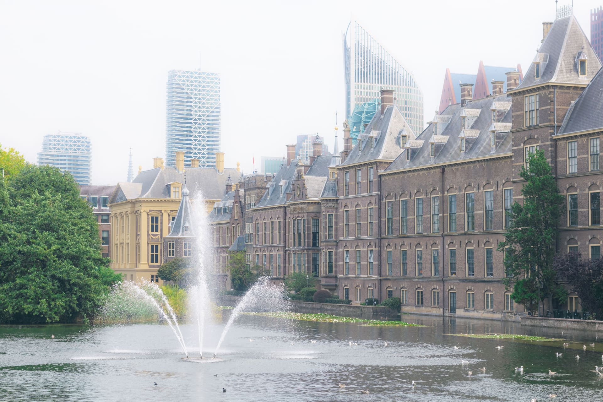 The Hofvijver with the Binnenhof and the skyline of The Hague